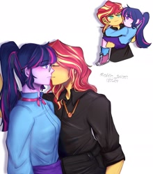 Size: 1661x1890 | Tagged: safe, artist:eddin_sciset, derpibooru import, sci-twi, sunset shimmer, twilight sparkle, equestria girls, g4, duo, female, holding, kissing, lesbian, sci-twishimmer, shipping, simple background, sunsetsparkle, white background