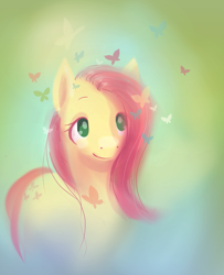 Size: 655x806 | Tagged: safe, artist:wolfiedrawie, derpibooru import, fluttershy, butterfly, pegasus, pony, g4, abstract background, female, mare, solo