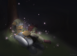 Size: 2484x1803 | Tagged: safe, artist:wolfiedrawie, derpibooru import, apple bloom, applejack, earth pony, pony, g4, bandage, bow, cast, duo, eyes closed, fanfic art, female, filly, foal, hair bow, lying down, mare, sad, tree