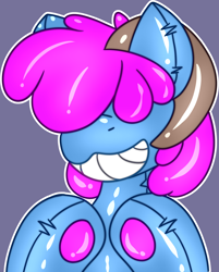 Size: 2354x2925 | Tagged: safe, artist:askhypnoswirl, derpibooru import, oc, oc only, oc:bliss, oc:puffy bliss, earth pony, inflatable pony, pony, bust, fetish, forced smile, goat horns, horns, icon, inflatable, pool toy, smiling, solo, transformation