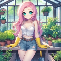 Size: 1024x1024 | Tagged: source needed, safe, ai content, derpibooru import, generator:dall-e 3, machine learning generated, fluttershy, human, g4, adorasexy, anime, blushing, breasts, camisole, clothes, cute, denim, denim shorts, female, generator:copilot, gloves, greenhouse, humanized, leaning, leaning on table, long hair, looking at you, midriff, prompter needed, rubber gloves, sexy, shorts, shyabetes, smiling, smiling at you, solo, standing, stupid sexy fluttershy, table