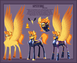 Size: 3008x2483 | Tagged: safe, artist:parrpitched, derpibooru import, oc, oc only, oc:spitfire(prisoners of the moon), pegasus, alternate universe, boots, clothes, fireheart76's latex suit design, gloves, latex, latex boots, latex gloves, latex suit, pegasus oc, prisoners of the moon, reference sheet, rubber, rubber gloves, rubber suit, shadowbolts, shoes