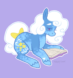 Size: 695x745 | Tagged: safe, artist:greengrizz, derpibooru import, starbeam, earth pony, pony, g3, 2021, blue fur, blue hooves, book, bow, colored, cutie mark, digital art, female, lying down, open book, purple background, reading, signature, simple background, smiling, tail, tail bow, white mane, white tail