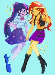 Size: 1233x1668 | Tagged: safe, artist:nigu_illust, derpibooru import, sci-twi, sunset shimmer, twilight sparkle, equestria girls, g4, blue background, duo, female, simple background