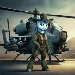 Size: 1024x1024 | Tagged: safe, ai content, derpibooru import, machine learning generated, soarin', anthro, pegasus, unguligrade anthro, attack helicopter, clothes, cosplay, costume, cowboy hat, flight suit, g.i. joe, generator:google imagen 3.0, gun, handgun, hat, helicopter, helicopter pilot, male, pistol, prompter:zerowinger, solo, weapon, wild bill, wingless, wingless anthro