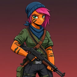 Size: 1024x1024 | Tagged: safe, ai content, derpibooru import, machine learning generated, babs seed, anthro, earth pony, bandana, bandolier, beanie, camo paint, clothes, female, fingerless gloves, g.i. joe, generator:google imagen 3.0, gloves, gradient background, gun, hat, machine gun, military uniform, prompter:zerowinger, smiling, solo, tunnel rat, uniform, weapon