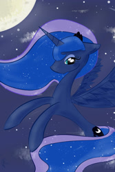 Size: 2000x3000 | Tagged: safe, artist:tractaresolidum, derpibooru import, princess luna, alicorn, g4, 2014, blue eyes, blue fur, blue mane, blue tail, blue wings, cloud, colored, cutie mark, digital art, eyelashes, feathered wings, female, flying, horn, jewelry, long mane, long tail, moon, night, old art, outdoors, royalty, shading, sky, stars, tail, tiara, wings