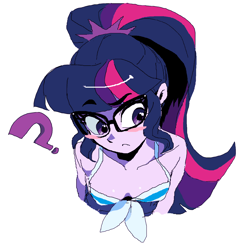 Size: 1165x1200 | Tagged: safe, artist:cheesesauce_45, derpibooru import, sci-twi, twilight sparkle, human, equestria girls, g4, blush sticker, blushing, breasts, bust, clothes, eyebrows, eyebrows visible through hair, female, headlight sparkle, looking offscreen, one-piece swimsuit, question mark, sci-twi swimsuit, solo, swimsuit