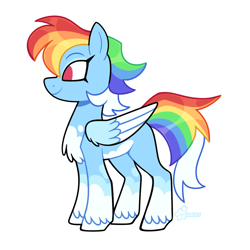 Size: 2048x2048 | Tagged: safe, artist:3ggmilky, derpibooru import, rainbow dash, pegasus, pony, g4, alternate design, alternate hairstyle, alternate mane color, alternate tail color, blue wings, chest fluff, colored belly, colored hooves, colored wings, colored wingtips, eye markings, eyelashes, female, folded wings, hooves, large wings, mare, missing cutie mark, no catchlights, no pupils, pale belly, profile, redesign, shiny mane, shiny tail, side view, signature, simple background, smiling, solo, standing, white background, white belly, white hooves, white wingtips, wing fluff, wings