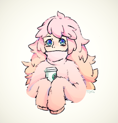 Size: 1665x1737 | Tagged: safe, artist:shelislxs, derpibooru import, oc, oc:fluffle puff, human, clothes, coffee cup, cream background, cup, female, humanized, simple background, solo, starbucks, sweater, upper body