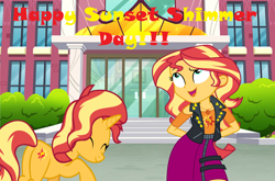 Size: 1406x927 | Tagged: safe, artist:shieldwingarmorofgod, derpibooru import, sunset shimmer, human, pony, unicorn, blouse, canterlot high, cute, female, feminism, horn, leather vest, self paradox, self ponidox, shimmerbetes, skirt, sunsass shimmer, sunset shimmer day