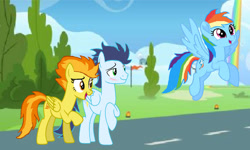 Size: 750x451 | Tagged: safe, artist:wildrose17, derpibooru import, rainbow dash, soarin', spitfire, pegasus, pony, g4, crush, female, male, mare, shipping, soarindash, stallion, straight, trio