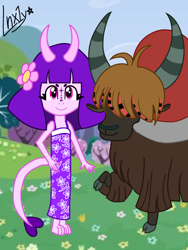 Size: 768x1024 | Tagged: safe, artist:lnx1ynight16, derpibooru import, oc, oc only, oc:lnx1y, oc:yohan, original species, yak, clothes, couple, digital art, dress, duo, flower, flower in hair, happy, horns, implied interspecies, land overlander, outdoors, overlander, raised hoof, raised leg, signature