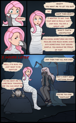 Size: 1620x2602 | Tagged: safe, artist:xeninara, derpibooru import, fluttershy, oc, human, monster girl, spider, g4, bondage, bound, bound and gagged, canon x oc, captured, caught, cocoon, comic, cup, damsel in distress, dialogue, dialogue box, digital art, encasement, female, femsub, fetish, fluttershy being fluttershy, fluttersub, food, gag, helpless, humanized, muffled words, mummification, mummified, peril, restrained, sobbing, solo, spider web, submissive, tea, teacup, teapot, tied, tied up, web gag, wrapped up