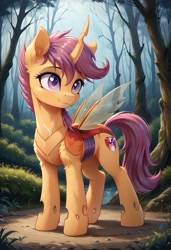 Size: 800x1169 | Tagged: safe, ai content, derpibooru import, generator:pony diffusion v6 xl, generator:stable diffusion, machine learning generated, scootaloo, changedling, changeling, g4, changedlingified, cutie mark on changeling, female, forest, mare, nature, outdoors, prompter:gregorymars, scootaling, solo, species swap, tree