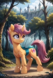 Size: 800x1169 | Tagged: safe, ai content, derpibooru import, generator:pony diffusion v6 xl, generator:stable diffusion, machine learning generated, scootaloo, changedling, changeling, g4, changedlingified, cutie mark on changeling, female, forest, mare, nature, outdoors, prompter:gregorymars, scootaling, solo, species swap, tree