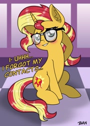 Size: 1538x2137 | Tagged: safe, artist:banquo0, derpibooru import, sunset shimmer, pony, unicorn, g4, blushing, cute, dialogue, embarrassed, female, glasses, horn, indoors, nerd pony, shimmerbetes, sitting, smiling, solo, sunset shimmer day, text