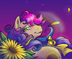 Size: 614x504 | Tagged: safe, artist:kiss-the-thunder, derpibooru import, oc, oc only, oc:sunflower (sourdoughstomper), earth pony, pony, g1, 2012, bow, female, flower, g1 oc, lidded eyes, looking at you, mare, petals, sunflower, sunset, tail, tail bow, windswept mane, windswept tail