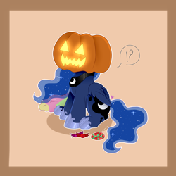 Size: 2000x2000 | Tagged: safe, artist:kathepart, derpibooru import, princess luna, alicorn, pony, g4, auction, candies, candy, collar, commission, cute, dialogue, ethereal mane, exclamation point, female, food, halloween, holiday, hoof shoes, jewelry, lollipop, lunabetes, mare, passepartout, question mark, regalia, solo, starry mane, starry tail, tail, ych example, ych result, your character here