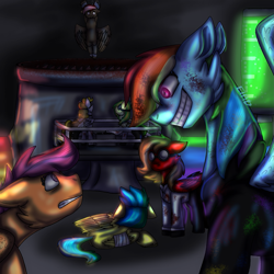 Size: 1695x1695 | Tagged: safe, artist:grimprotector, derpibooru import, rainbow dash, scootaloo, oc, oc:aurora dawn, oc:orion comet, oc:wooden toaster, pegasus, fanfic:rainbow factory, g4, abstract background, fanfic art, group, looking at each other, looking at someone, pegasus device