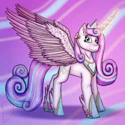 Size: 1280x1280 | Tagged: safe, artist:grimprotector, derpibooru import, princess flurry heart, alicorn, earth pony, g4, cheek fluff, concave belly, crown, female, hoof shoes, horn, jewelry, large wings, leg feathers, long horn, magic, magic aura, mare, older, older flurry heart, patterned background, peytral, princess shoes, purple background, regalia, simple background, solo, spread wings, sternocleidomastoid, tiara, wings