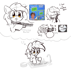 Size: 1000x1000 | Tagged: safe, artist:morningbullet, derpibooru import, oc, oc only, oc:noot, earth pony, human, pony, dishes, female, gun, handgun, kissing, kitchen gun, pistol, plate, simple background, sink, sketch, solo, thought bubble, vulgar, weapon, white background