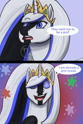 Size: 1667x2500 | Tagged: safe, artist:azurllinate, derpibooru import, oc, oc only, oc:pselena five, alicorn, 2024, alicorn oc, black hooves, blue eyes, colored, comic, confident, dialogue, digital art, english, eyebrows, eyebrows visible through hair, eyelashes, female, hooves, horn, jewelry, long mane, playstation, princess, raised eyebrow, royalty, simple background, smiling, speech bubble, stars, talking, teeth, tiara, white mane, wings