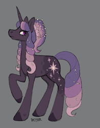 Size: 524x668 | Tagged: safe, artist:beyhr, derpibooru import, oc, oc only, oc:queen sugar-pearl dusk, pony, unicorn, g4, alternate universe, bags under eyes, brown coat, brown hooves, coat markings, colored, colored hooves, curly hair, curly mane, curly tail, eyelashes, female, female oc, flat colors, frown, gray background, hair accessory, heart, heart mark, hooves, horn, long legs, long mane, long tail, looking back, lore in description, mane accessory, mare, mare oc, multicolored mane, multicolored tail, older female, profile, purple eyes, queen, raised hoof, raised leg, signature, simple background, standing on three hooves, tail, tail accessory, tied mane, unicorn horn, unicorn oc, veil