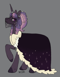 Size: 524x668 | Tagged: safe, alternate version, artist:beyhr, derpibooru import, oc, oc only, oc:queen sugar-pearl dusk, pony, unicorn, g4, alternate universe, bags under eyes, brown coat, brown hooves, cape, clothes, coat markings, colored, colored hooves, curly hair, curly mane, curly tail, ear piercing, earring, eyelashes, female, female oc, flat colors, frown, gray background, hair accessory, heart, heart mark, hooves, horn, horn ring, jewelry, long legs, long mane, long tail, looking back, lore in description, mane accessory, mare, mare oc, multicolored mane, multicolored tail, older female, pegasus wings, piercing, profile, purple eyes, queen, raised hoof, raised leg, regalia, ring, signature, simple background, standing on three hooves, tail, tail accessory, tied mane, unicorn horn, unicorn oc, veil, wings