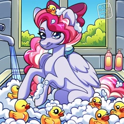 Size: 2560x2560 | Tagged: safe, artist:bera_01, derpibooru import, oc, oc only, oc:sky sorbet, pegasus, bath, bathing, bathroom, bottle, bow, bubble bath, female, hair bow, indoors, looking at you, mare, pegasus oc, rubber duck, smiling, soap bubble, solo, water, window, wings