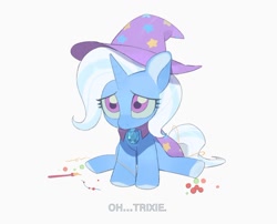 Size: 1224x989 | Tagged: safe, artist:bilidongdong, derpibooru import, trixie, pony, unicorn, g4, female, horn, looking up, mare, paintbrush, pitiful, sad, simple background, sitting, solo, text, white background