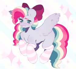 Size: 1272x1149 | Tagged: safe, artist:qwe, derpibooru import, oc, oc only, oc:sky sorbet, pegasus, abstract background, bow, clothes, colored sketch, flying, hair bow, looking at you, pegasus oc, sketch, smiling, socks, solo, spread wings, striped socks, wings