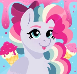 Size: 2251x2160 | Tagged: safe, artist:magnolia, derpibooru import, oc, oc only, oc:sky sorbet, pegasus, bow, bust, curly hair, curly mane, female, food, hair bow, ice cream, mare, multicolored hair, pegasus oc, portrait, solo, tongue, tongue out