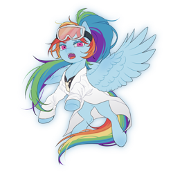 Size: 1500x1500 | Tagged: safe, artist:lawillowsea, derpibooru import, rainbow dash, pegasus, pony, clothes, female, goggles, lab coat, mare, open mouth, safety goggles, simple background, solo, spread wings, transparent background, wings