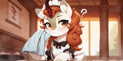 Size: 2400x1200 | Tagged: safe, ai content, derpibooru import, machine learning generated, autumn blaze, kirin, bathroom, clothes, indoors, maid, maid headdress, prompter:greesys, question mark, solo, towel