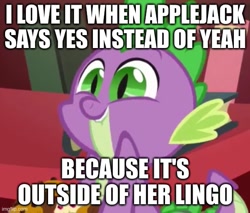 Size: 541x461 | Tagged: safe, derpibooru import, edit, edited screencap, screencap, spike, dragon, g4, owl's well that ends well, season 1, baby, baby dragon, caption, excited, excitement, green eyes, grin, image macro, imgflip, impact font, implied applejack, male, purple scales, slit eyes, smiling, solo, text, wingless spike