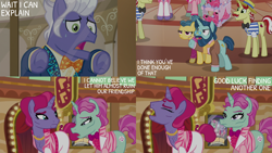 Size: 2000x1125 | Tagged: safe, derpibooru import, edit, edited screencap, editor:quoterific, screencap, flam, flim, gladmane, trapeze star, earth pony, pony, unicorn, g4, viva las pegasus, brothers, flim flam brothers, horn, identical twins, indoors, karma, siblings, twin brothers, twins