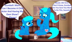 Size: 3872x2264 | Tagged: safe, artist:memeartboi, derpibooru import, pegasus, pony, unicorn, g4, ask, asking, colt, confused, cute, determination, duo, duo male and female, excited, female, foal, gumball watterson, heart, horn, indoors, little boy, living room, male, mare, mother, mother and child, mother and son, nervous, nicole watterson, parent and child, pegasus wings, ponified, prequel, sitting, smiling, sofa, species swap, the amazing world of gumball, unicorn horn, wings, worried