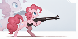 Size: 2400x1200 | Tagged: safe, ai content, derpibooru import, machine learning generated, pinkie pie, earth pony, pony, battle stance, female, gun, mare, prompter:greesys, shotgun, solo, weapon, zoom layer