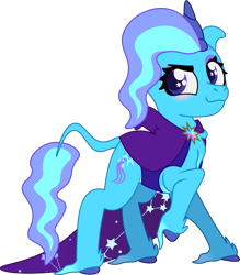 Size: 1009x1152 | Tagged: safe, artist:prixy05, derpibooru import, trixie, classical unicorn, pony, unicorn, series:magic forest, cloven hooves, female, hooded cape, horn, leonine tail, mare, simple background, solo, transparent background, unshorn fetlocks, vector