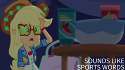 Size: 2000x1125 | Tagged: safe, derpibooru import, edit, edited screencap, editor:quoterific, screencap, applejack, accountibilibuddies, choose your own ending, equestria girls, g4, indoors, solo