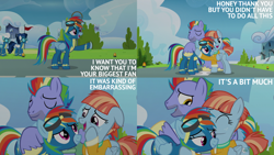 Size: 2000x1125 | Tagged: safe, derpibooru import, edit, edited screencap, editor:quoterific, screencap, bow hothoof, rainbow dash, windy whistles, pegasus, pony, g4, parental glideance, season 7, adorkable, best pony, blouse, cardigan, clothes, dork, female, heartwarming, male, mare, outdoors, redemption, stallion, uniform, wonderbolts headquarters, wonderbolts uniform