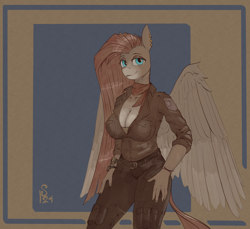 Size: 2400x2200 | Tagged: safe, artist:stray prey, derpibooru import, oc, oc only, oc:wild spice, anthro, pegasus, breasts, cleavage, clothes, looking at you, partially open wings, pegasus oc, solo, wings