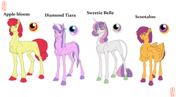 Size: 4000x2208 | Tagged: safe, artist:anelaponela, derpibooru import, apple bloom, diamond tiara, scootaloo, sweetie belle, earth pony, pegasus, pony, unicorn, cutie mark crusaders, female, horn, leonine tail, lipstick, older, redesign, simple background, tail, travelersverse, white background