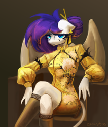 Size: 4000x4700 | Tagged: safe, artist:anastas, derpibooru import, oc, oc only, oc:amethyst dawn, anthro, pegasus, pony, clothes, crossed legs, dress, ear piercing, earring, ears, floppy ears, gradient background, hand, jewelry, looking at you, piercing, simple background, sitting, solo, spread wings, stockings, tail, thigh highs, wings