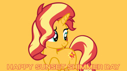 Size: 1920x1080 | Tagged: safe, derpibooru import, edit, editor:jaredking779, sunset shimmer, pony, unicorn, g4, female, horn, mare, simple background, smiling, solo, sunset shimmer day, yellow background