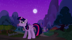 Size: 1192x670 | Tagged: artist needed, source needed, safe, derpibooru import, edit, twilight sparkle, twilight sparkle (alicorn), alicorn, pony, g4, alternate universe, crying, female, mare, moon, night, outdoors, ponyville, solo, windmill