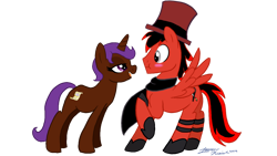 Size: 1024x576 | Tagged: safe, artist:theabbeyroadie, derpibooru import, oc, oc only, oc:eliyora, oc:toonkriticy2k, pegasus, pony, unicorn, aged like milk, duo, duo male and female, female, harsher in hindsight, hat, horn, images that precede unfortunate events, male, mare, pegasus oc, raised hoof, raised leg, simple background, spread wings, stallion, the implications are horrible, transparent background, unfortunate implications, unicorn oc, wings