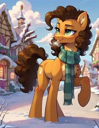 Size: 735x954 | Tagged: source needed, safe, ai content, derpibooru import, machine learning generated, cheese sandwich, earth pony, pony, chest fluff, clothes, cottage, detailed background, male, outdoors, prompter needed, raised hoof, raised leg, scarf, snow, solo, stallion, striped scarf