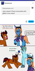 Size: 1056x2136 | Tagged: safe, artist:ask-luciavampire, derpibooru import, oc, earth pony, pony, unicorn, ask, clothes, glitter hair, horn, maid, tumblr